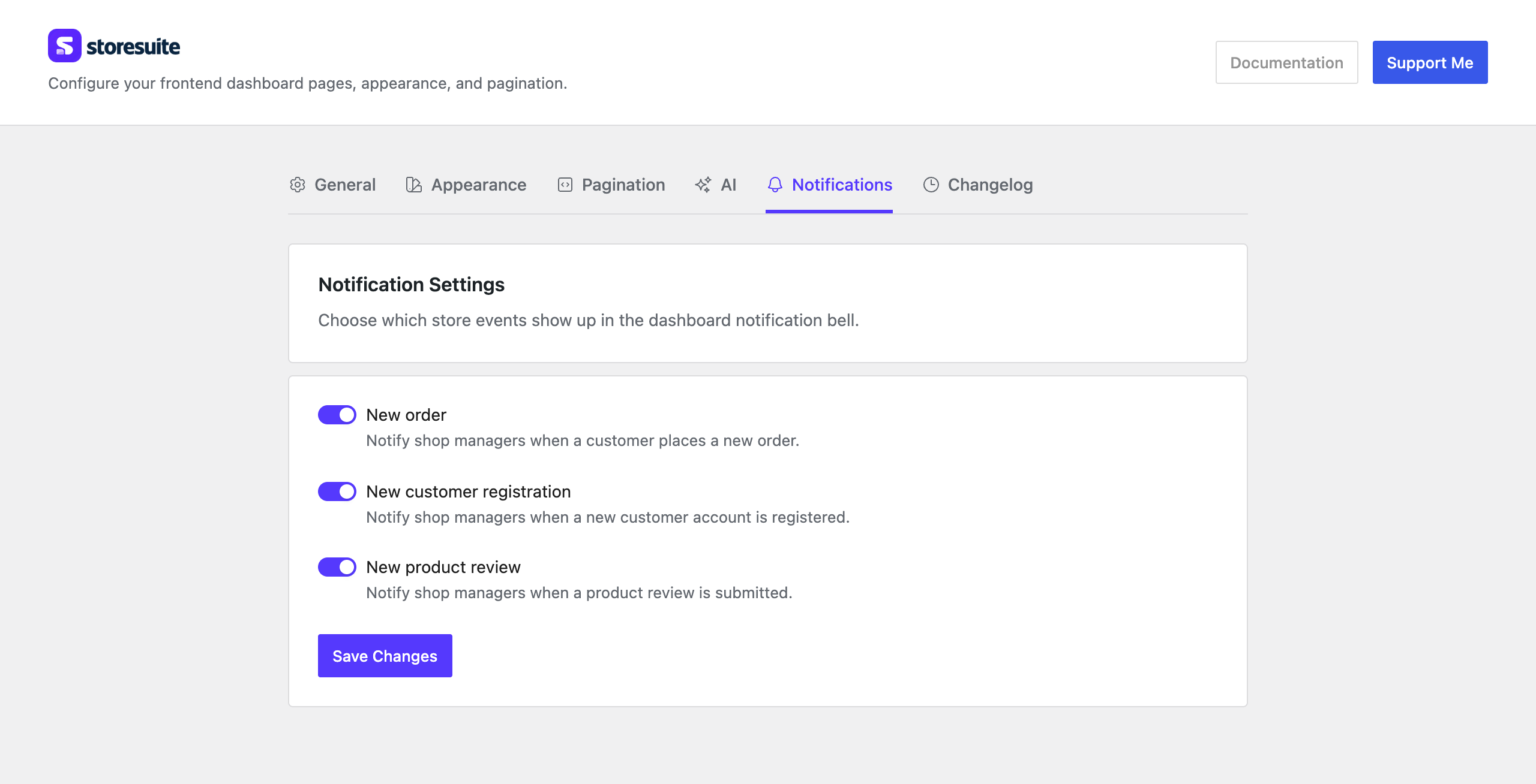 Notification settings in wp-admin